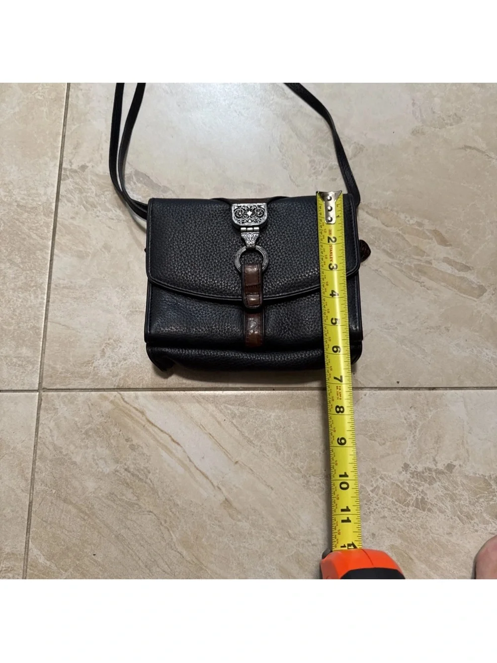 Brighton Black Leather Crossbody Bag with Brown Trim -